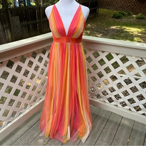 Luxxel Rainbow Dress Small Plunging Open Back Strappy Maxi Babydoll Fairy Ballet - Picture 5 of 14